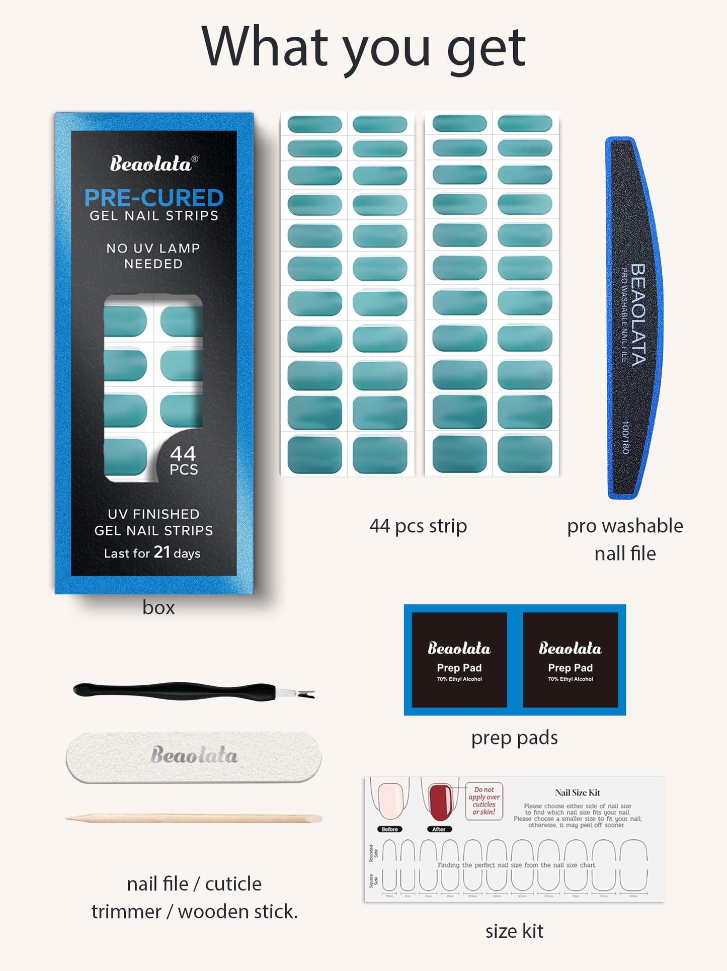 Beaolata Real Gel Nail Strips (No UV Light Needed) - 44Pcs Salon Quality Nail Stickers - Long Lasting Polish Wraps for Women, Easy Apply & Remove (Lagoon Light Blue)