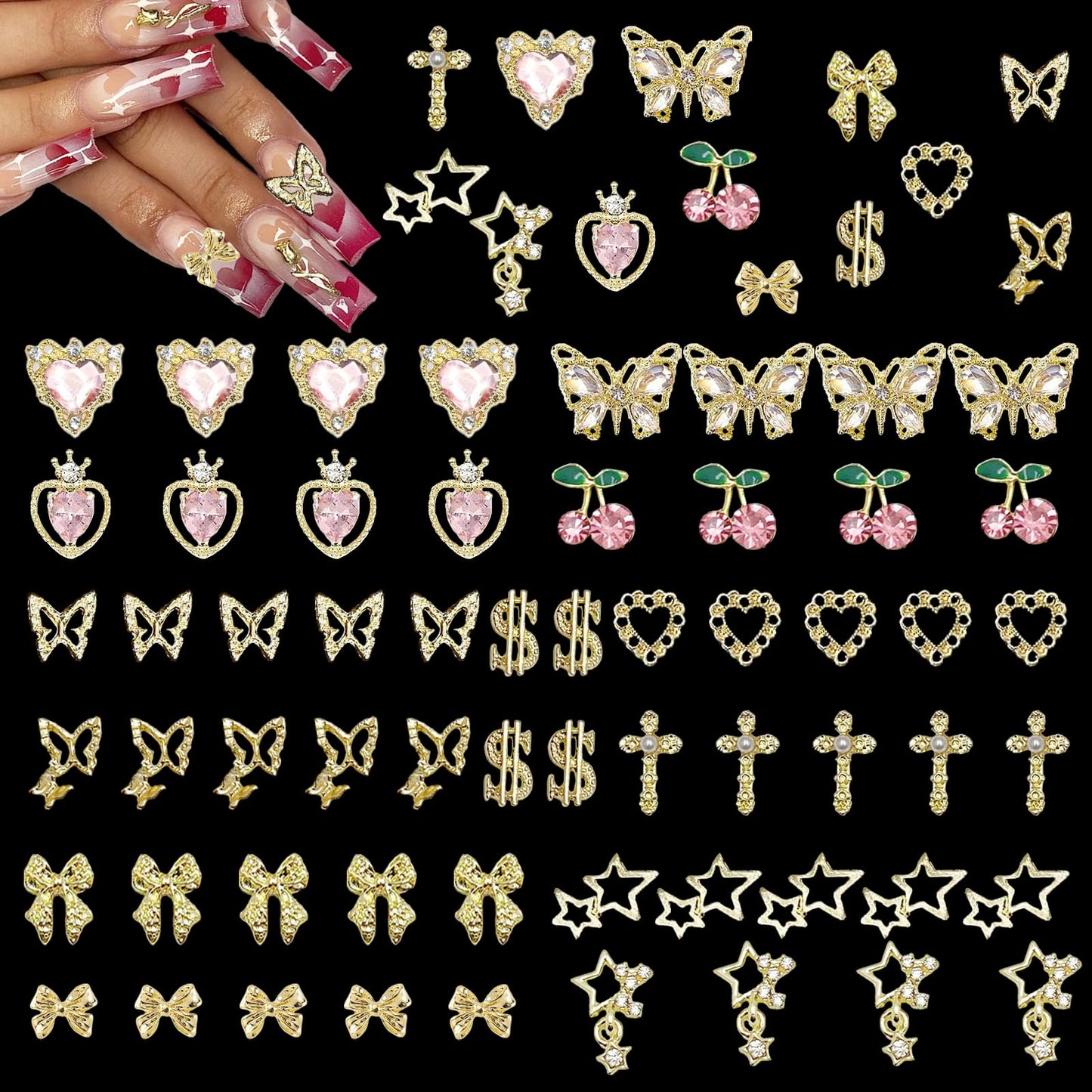 100 Pcs 3D Gold Nail Charms with Cherry Butterfly Cross Bow Star Heart Dollar for Women Nail Art DIY Design
