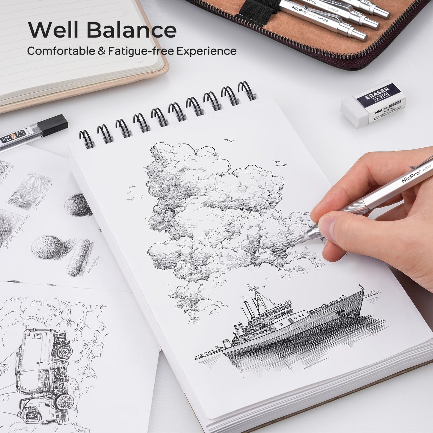 Nicpro 20PCS Metal Mechanical Pencil Set in Leather Case, Art Drafting Pencil 0.3, 0.5, 0.7, 0.9 mm & 2mm Lead Holders, 9 Tube (4B 2B HB 2H Colors) Lead Refills, Erasers For Sketching Drawing
