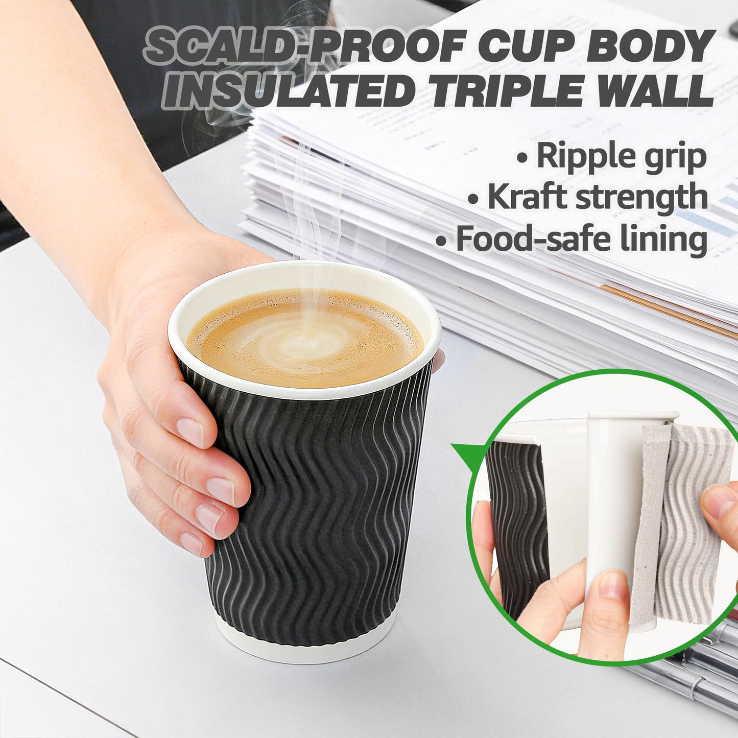 NUPANT 12oz -50 Pack Disposable Coffee Cups with Lids Insulated Corrugated Paper Cups Kraft Ripple Wall Paper Coffee Cups to Go for Hot/Cold Drinks, Disposable Cups for Home Office Party Cafe(Black)