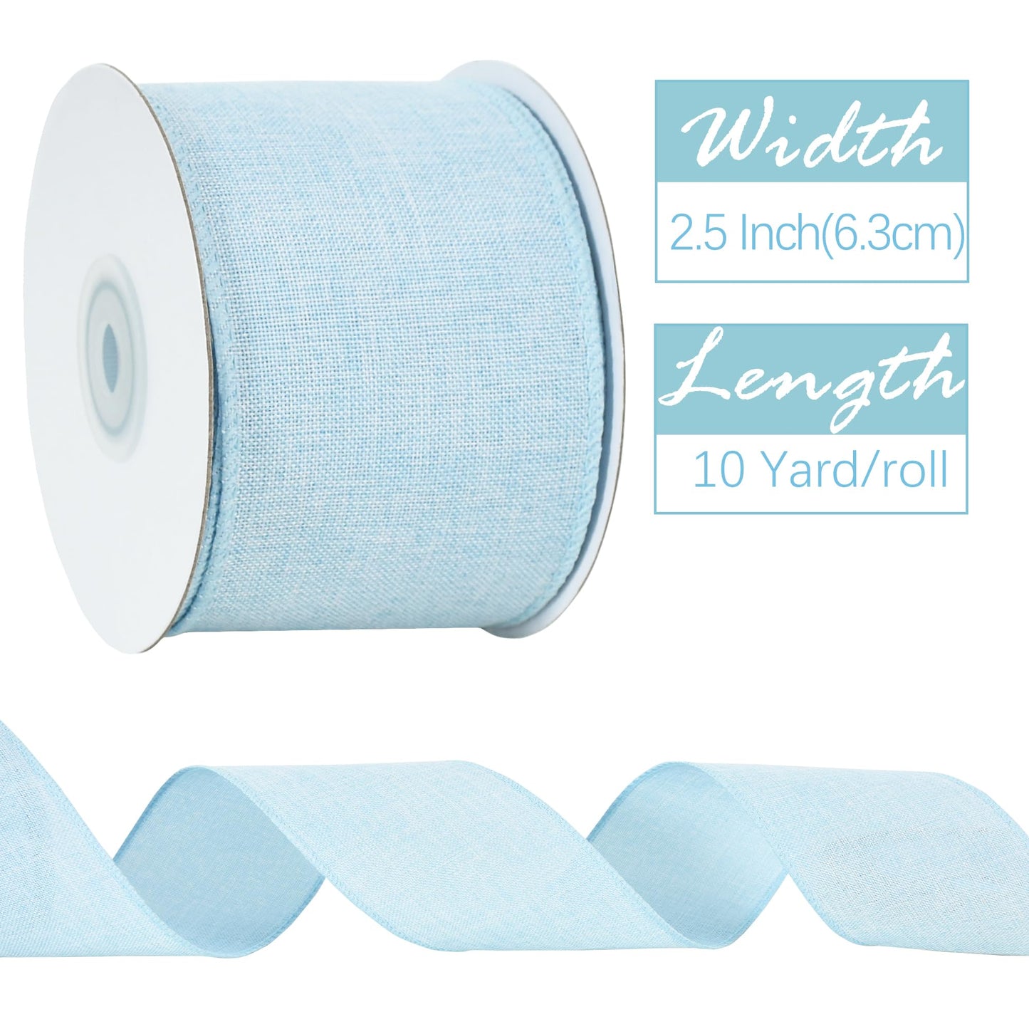 RIBBOOO Natural Burlap Wired Ribbon, 2.5 Inch 10 Yards Baby Blue Light Blue Fabric Ribbon for Spring Easter, Wreath Bows, Crafts, Gift Wrapping, Wedding, Christmas Easter Decoration