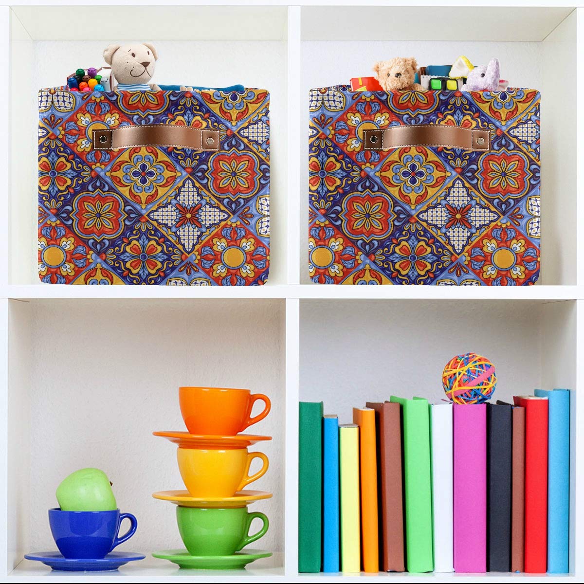 KEEPREAL Foldable Storage Baskets, Mexican Ceramic Tile Pattern Storage Bins with Handles, Decorative Cloth Organizer Storage Boxes for Home|Office 15 x 11 x 9.5 in