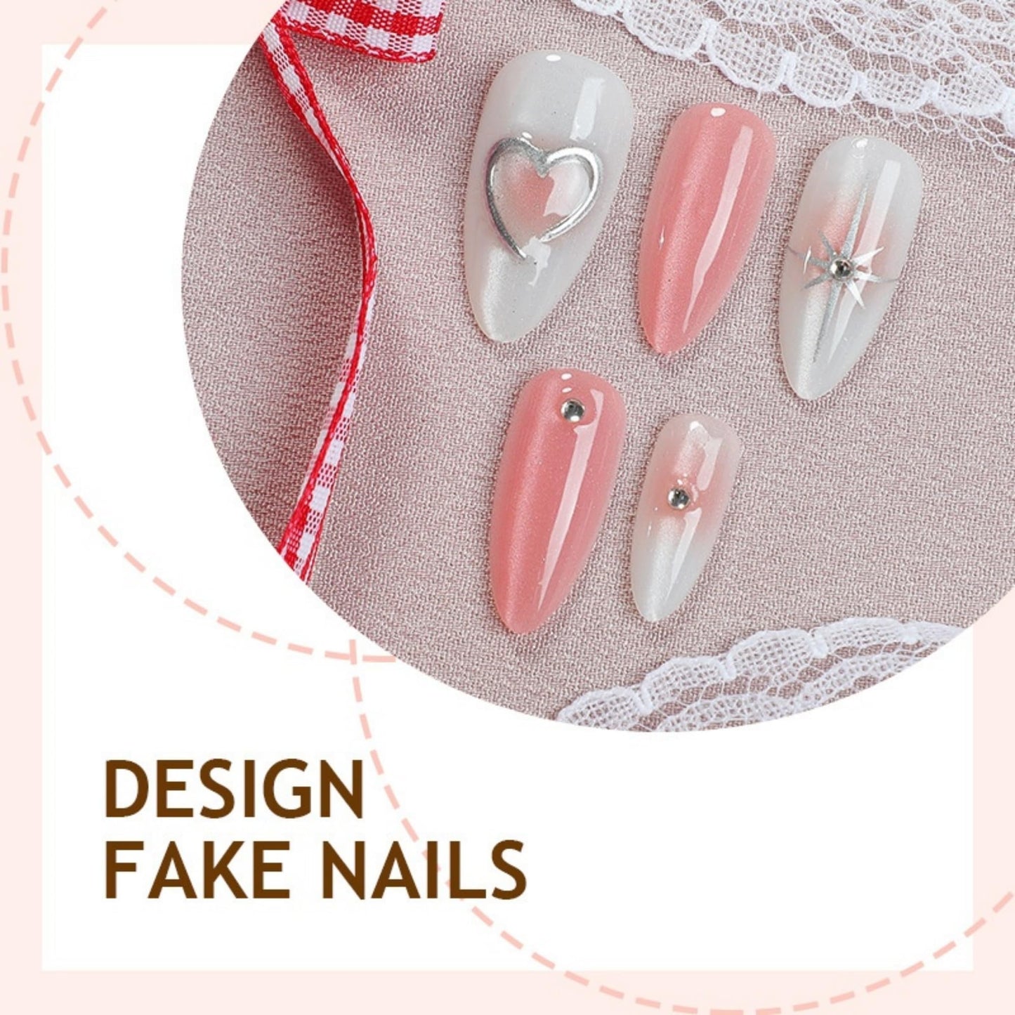 Short Press on Nails Almond Fake Nails Cat EyeArtificial Nail Glitter Heart Designs Stick on Nail for Women 24pcs