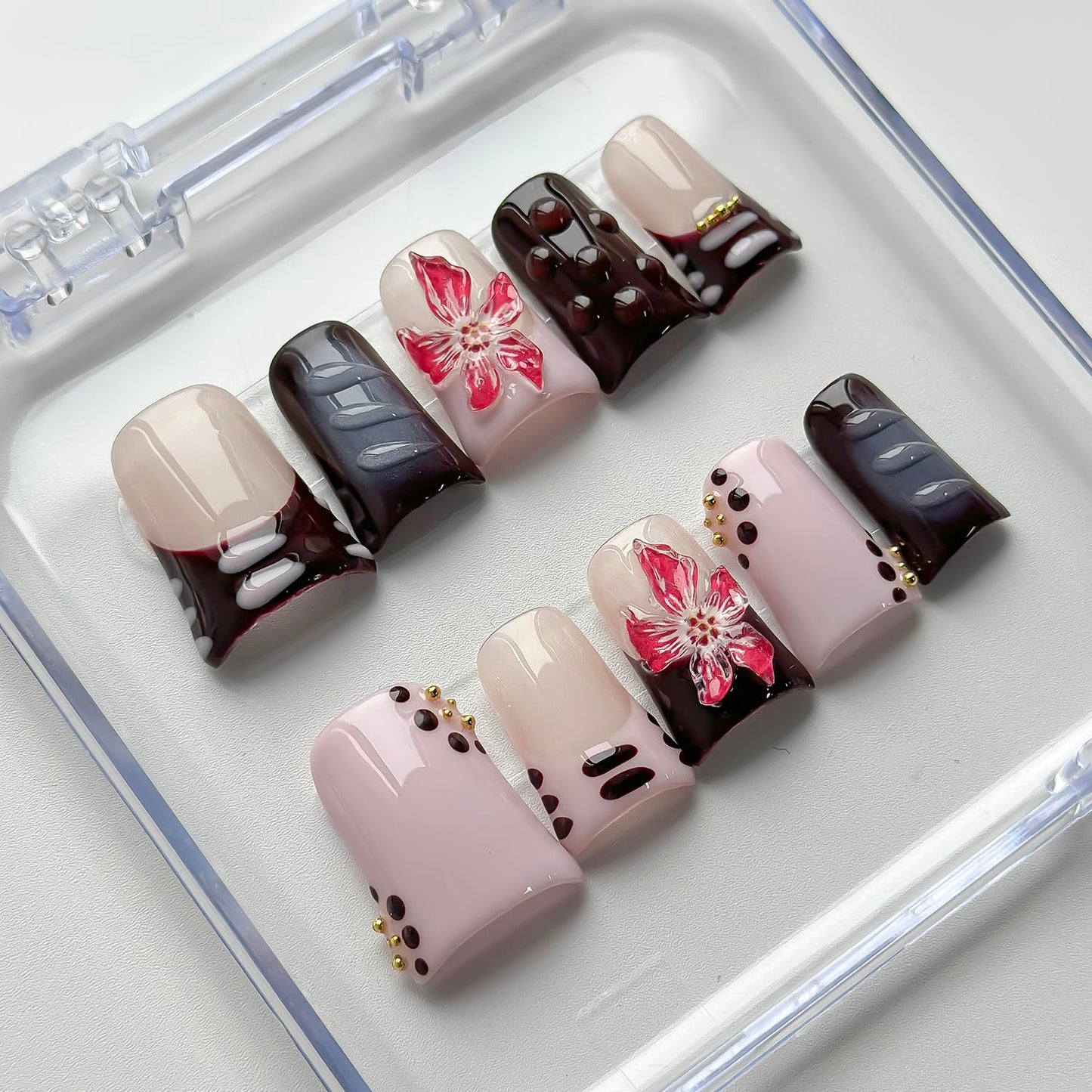Luxury Press on Nails Short Duck Handmade 3D Unique Reusable ABS Material Fake Nails French Tip False Nails with Designs Flower Polka Dots Purple Glossy Glue on Nail Thick Acrylic Nail(S)