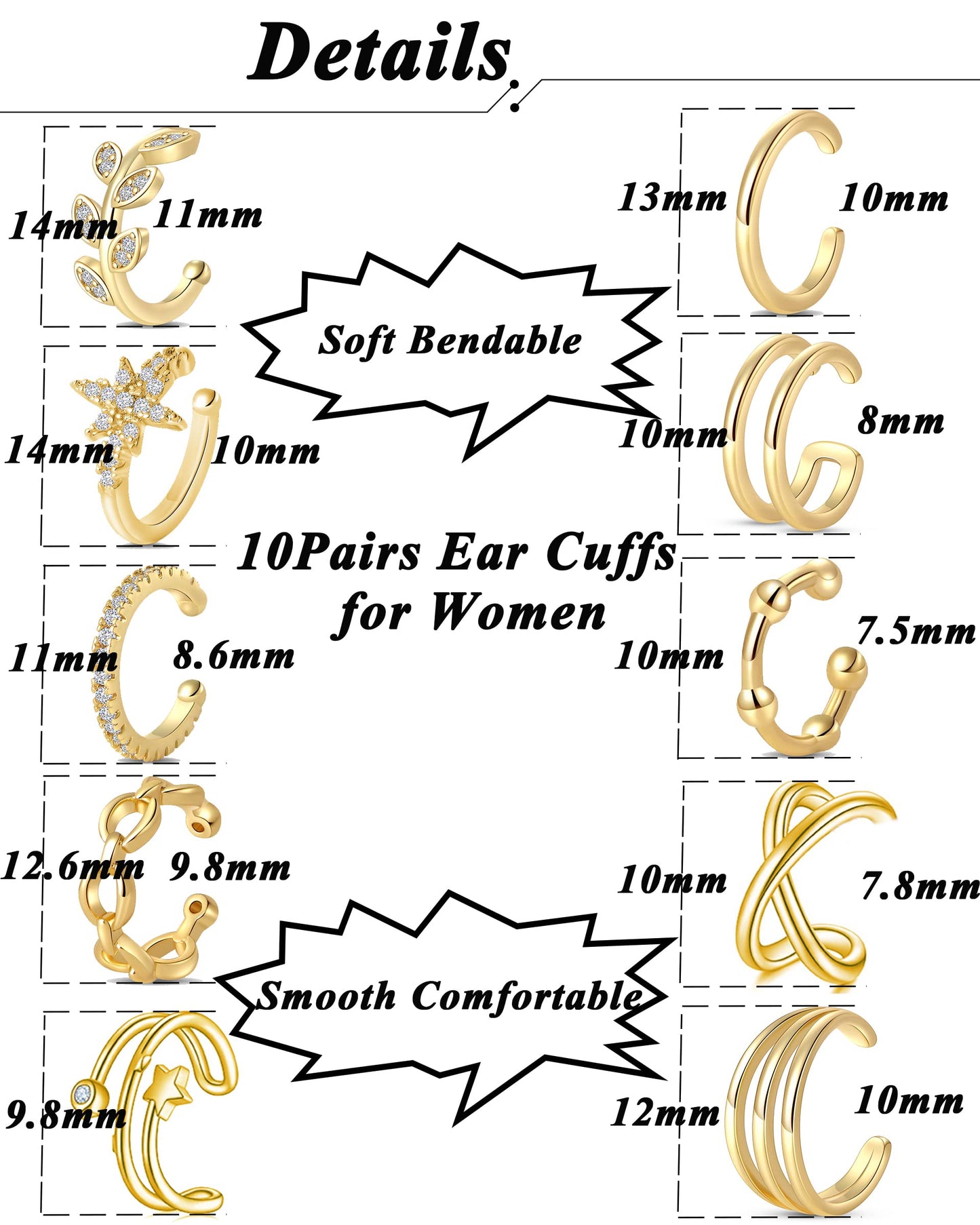 Tornito 4-10 Pairs Ear Cuff Helix Cartilage Clip On Wrap Earrings Fake Nose Ring Non-Piercing Adjustable (A6:10Pairs, Gold Tone)