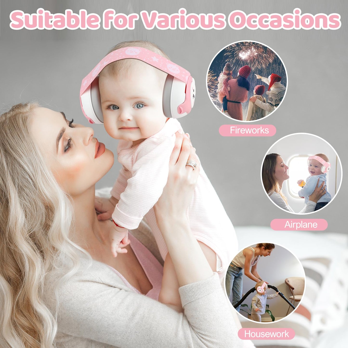 Baby Headphones Noise Cancelling,Bear Baby Earmuffs for Infant Hearing Protection Ages 0-36 Month,25dB NRR Infant Ear Protection,Ideal Travel Essentials for Airplane/Sleep/Plane/Noisy Event-Pink