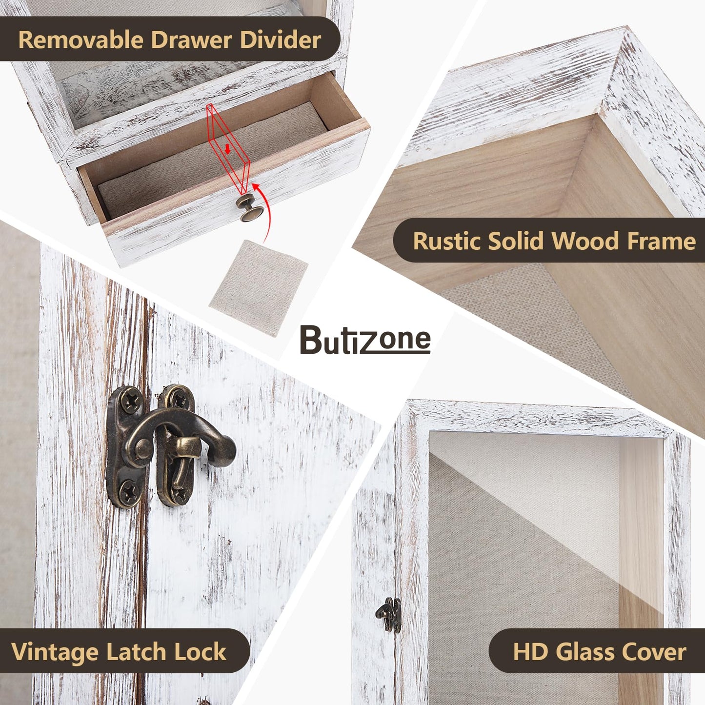 Butizone Shadow Box Frame, 3.2” Deep Shadow Box Display Case with Real Glass and Drawer, Rustic Wood Memory Boxes for Pictures, Flowers, Memorial, Medals, Wedding Bouquet for Wall or Tabletop, White