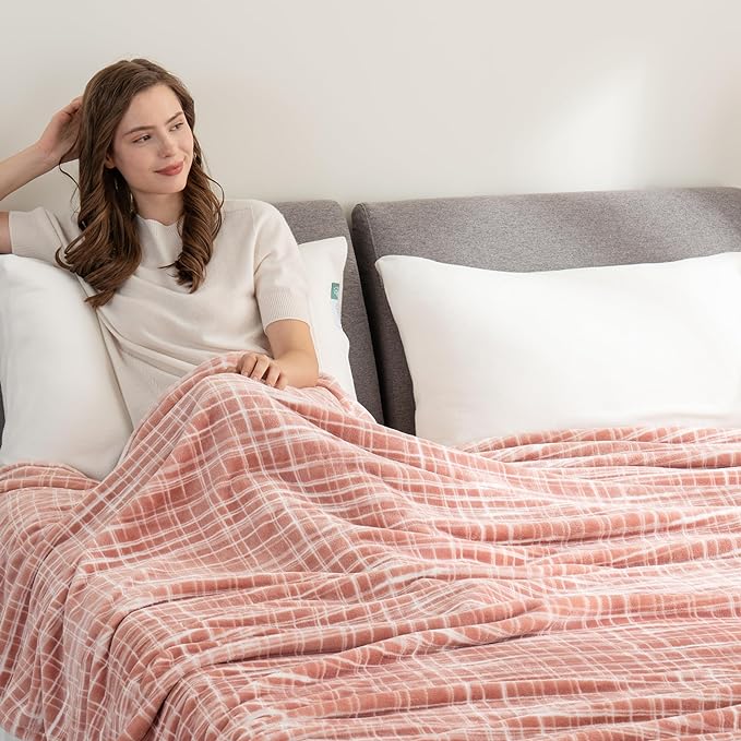 Berkshire Blanket-Classic Heavyweight Soft Printed VelvetLoft® Plush Warm Blanket, Twin Size Soft Fuzzy Blanket for Couch Sofa Bed, Watercolor Plaid Blush, 60in x 90in