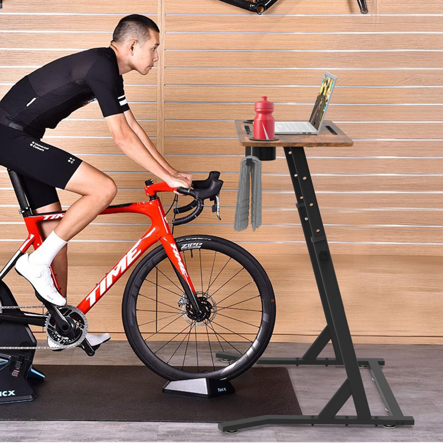 OrigoDeco Indoor Cycling Desk, Adjustable Standing Desk for Walking Pad, Bike Trainer Desk with Power Socket, for Indoor Cycling Treadmill & Office Use, Exercise While Working or Watching TV