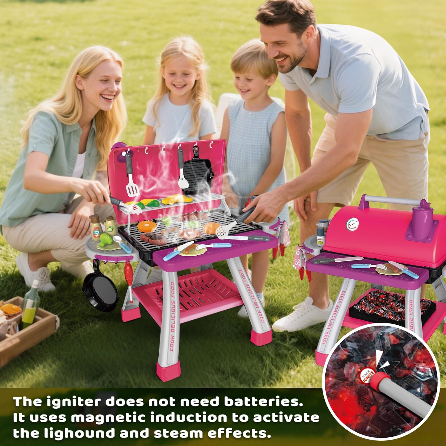 AuroTops Pink Kitchen Toy Set, Kids Grill Playset with Smoke, Sound & Light, Little Chef Play,Cooking Interactive Toys Christmas Birthday Gift