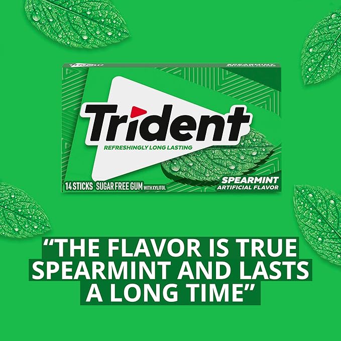 Trident Spearmint Sugar-Free Chewing Gum, 12 Packs of 14 Pieces (168 Total Pieces)
