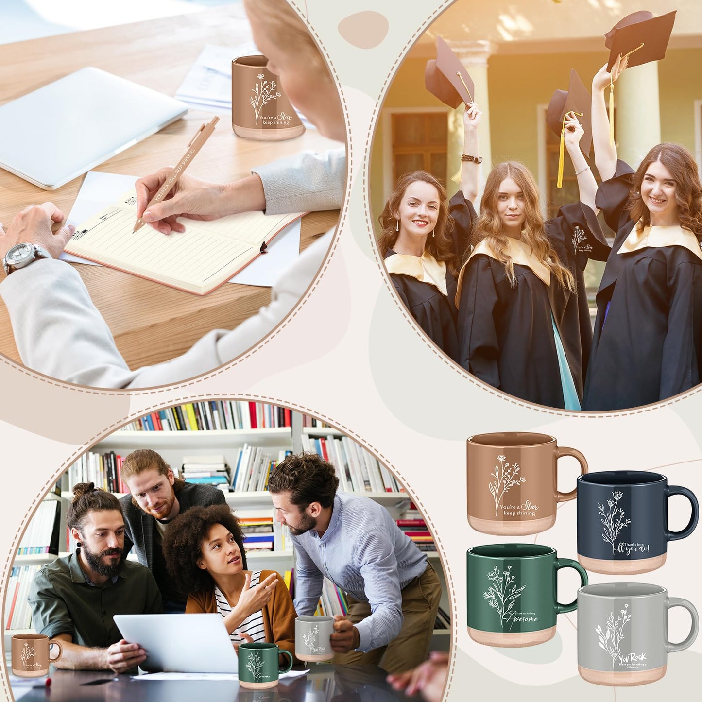 Didaey 4 Sets Employee Appreciation Gifts Set 13oz Boho Floral Ceramics Coffee Mugs with A6 Leather Notebooks Ballpoint Pens Bulk Christmas Thank You Gift for Coworkers Staff Team Nurse