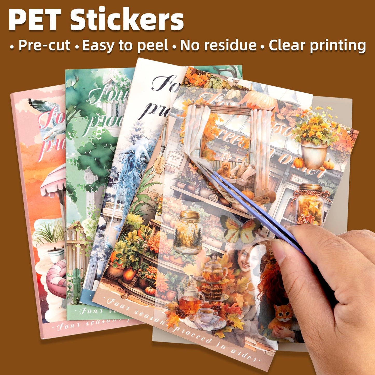 Uideyvi Four Seasons Style Stickers Scrapbooking Supplies for Junk Journal, Four Sticker Books, 80 Sheets PET Stickers