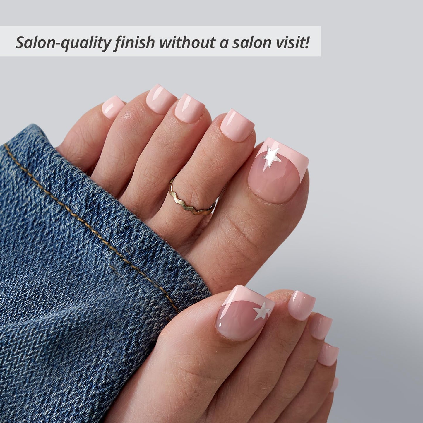BTArtbox Press On Toenails Short - Your Highlight, Silver Star French Tip Square Toe Nail Press Ons with Glue and Adhesive Tabs for Women in 15 Sizes - 30 Toenails All-in-One Kit