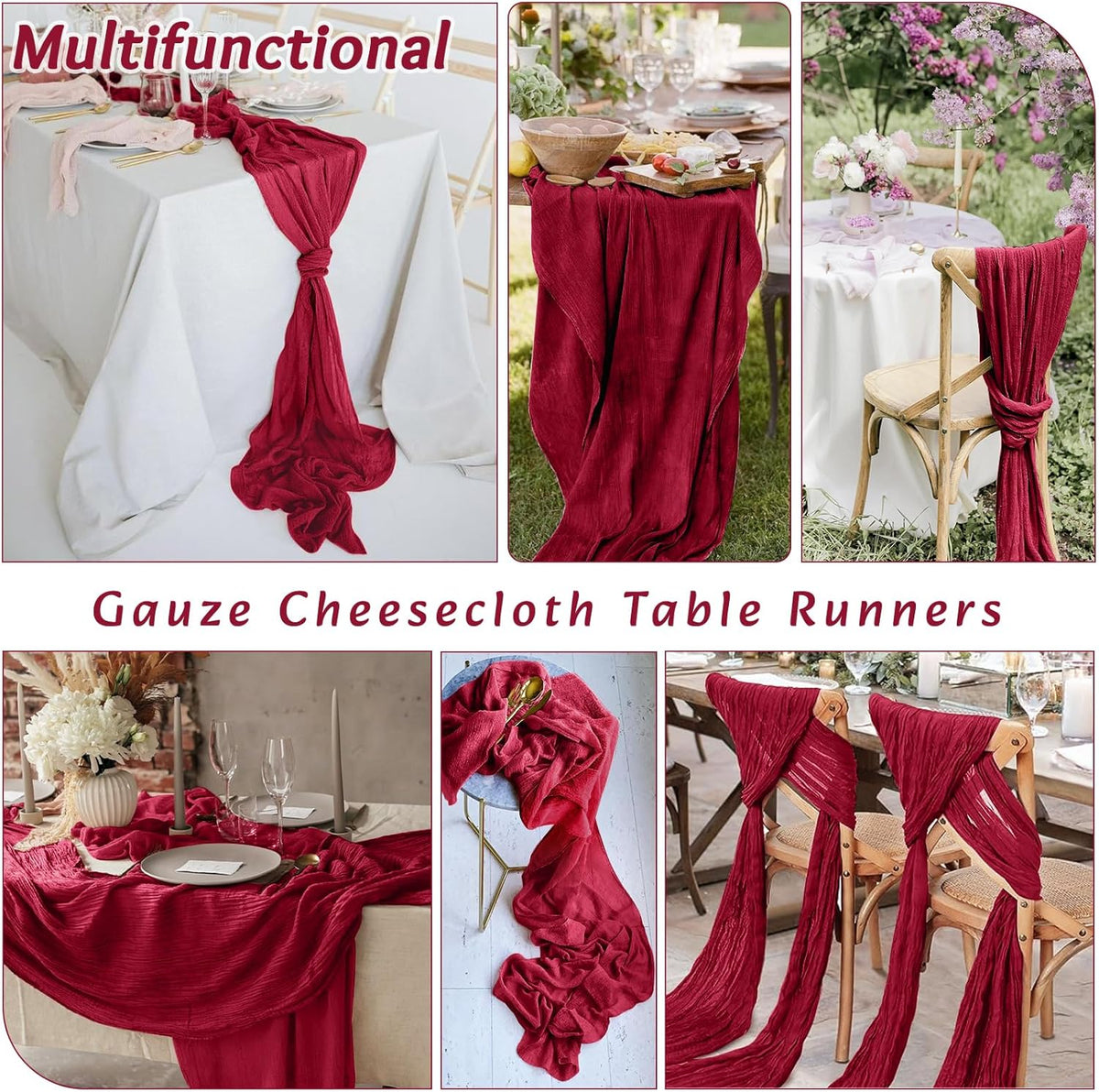 16Pack Burgundy Cheesecloth Table Runner 10FT Gauze Cheese Cloth Table Runner 35x120Inch Long Boho Spring Easter Table Runners Rustic Sheer Table Runners for Wedding Baby Shower Bridal Shower Decor