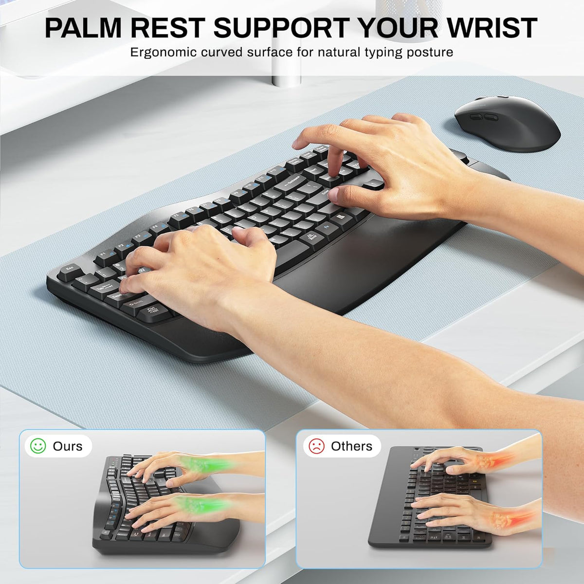 Wireless Keyboard and Mouse Combo,2.4G Full Size Wave Keys Ergonomic Keyboard with Wrist Rest for Natural Typing, 3 DPI Adjustable Ergonomic Silent Mouse for Computer/Laptop/Windows/Mac (Grey)