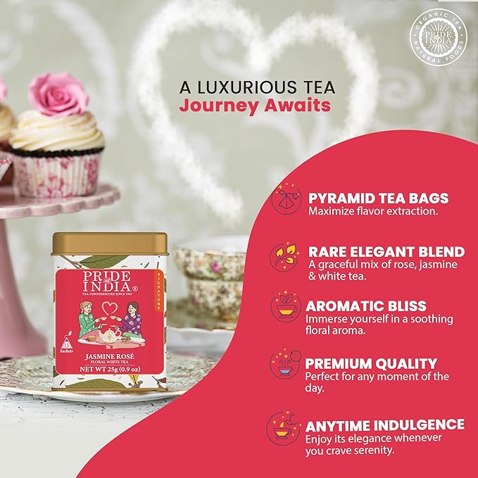 Pride of India | PACK of 6 - Jasmine Rose Royal White Tea | 15 Pyramid Full Leaf Individually Wrapped Tea Bags | Smooth & Sweet Flavor | Soothing & Calming Experience | Less Caffeine