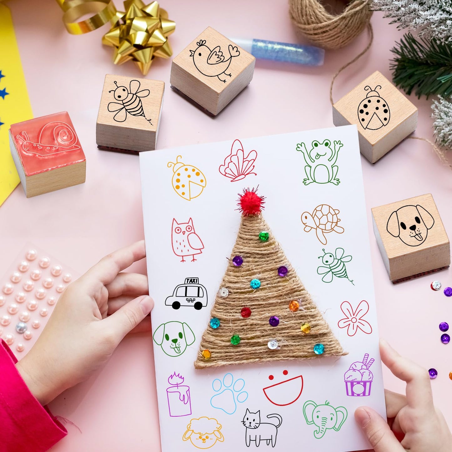 Maitys 36pcs Cartoon Pattern Wood Stamps Set Wooden Rubber Holiday Stamps Cute Cake Elephant Candle Butterfly Bee Pattern for Card Making Decoration and Scrapbooking Supplies DIY Tools Gifts