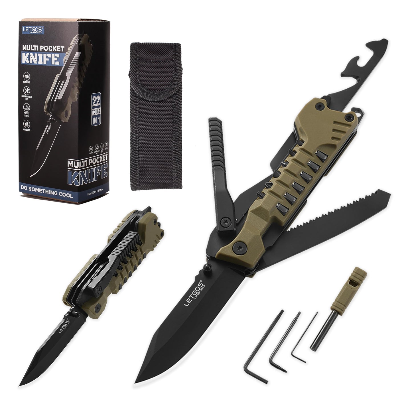 LETGOS Multi Pocket Knife, 22 in 1,Survival Gear EDC Tools with Nylon Sheath, Emergency, Camping, Hiking, Hunting, Gift for Men Women (Desert Gray)