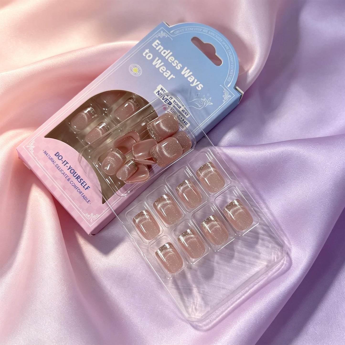 French Tip Press On Nails, Short Square GCSQW Fake Nails with Glitter Magnetic Gel, Nude Pink Glossy False Nails Reusable Acrylic Stick On Nails for Women, 24 Manicure Kit with Adhesive Tabs