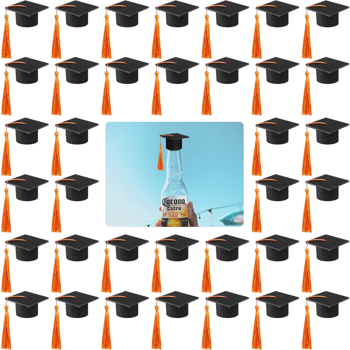 36 Pieces 2026 Mini Graduation Caps with Tassels Graduation Wine Bottle Toppers(Black Cap with Orange Tassel)