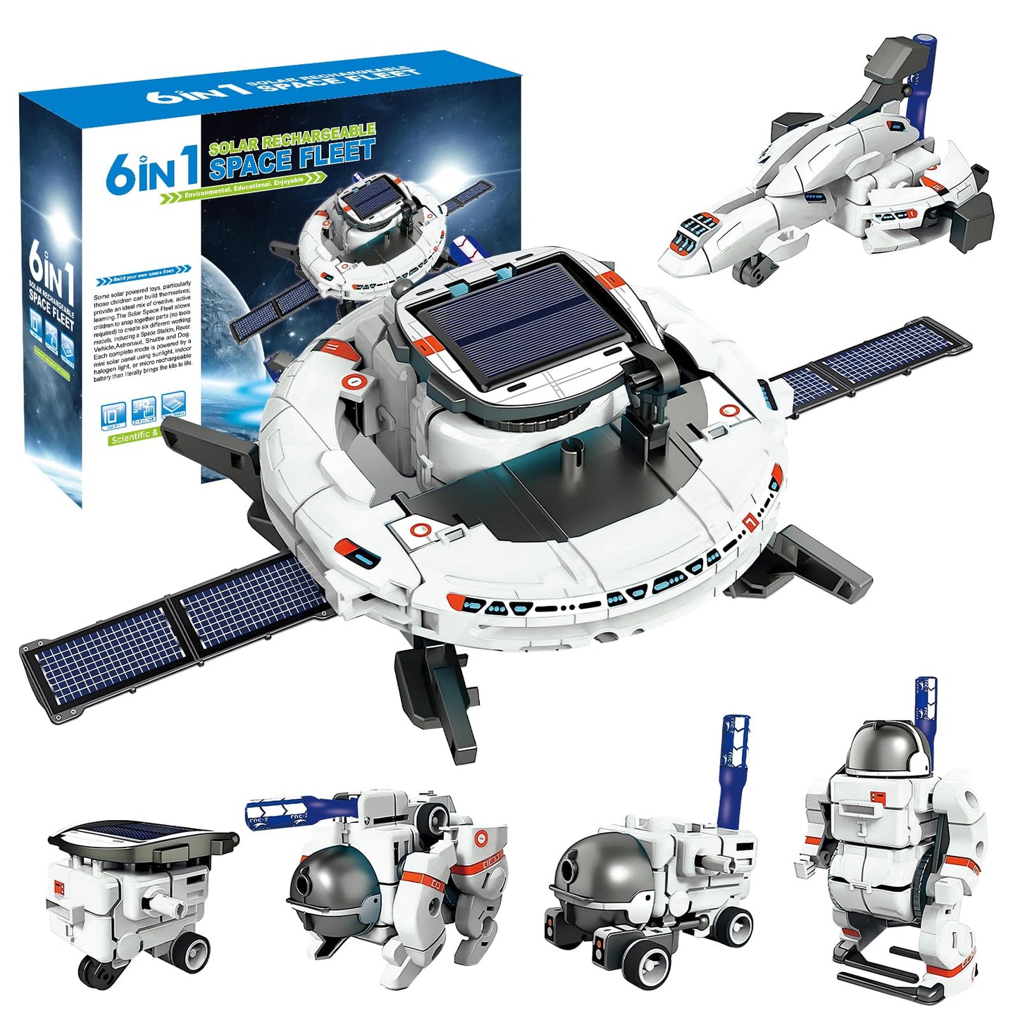 Nilez 6-in-1 STEM Projects Toy for Kids Ages 10 and up, DIY Science Kits, Solar or Battery Powered Space Toys Gifts for Youth (White)