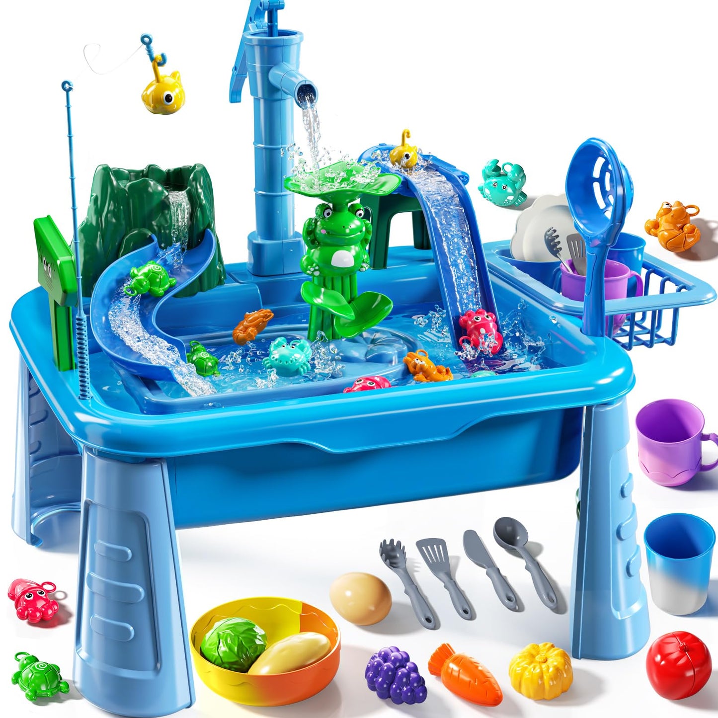 JUKUDAHU Water Table Play Sink Toy for Kids 2 3 4 5 6 Years Old - Outdoor Kitchen with Running Water, Fishing Games, Toddler Water Play Table for Kids Ages 3-8, Beach Outdoor Toys, Summer Gifts