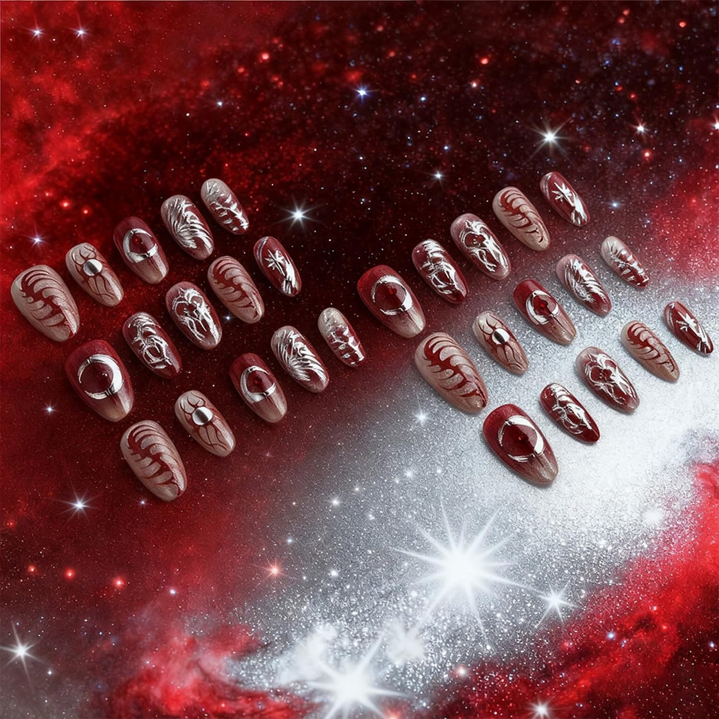 30 Pcs Mirror Press on Nails Silver Heart Moon Fake Nails Red Gradient Acrylic False Nail Medium Oval Glue on Nail for Women