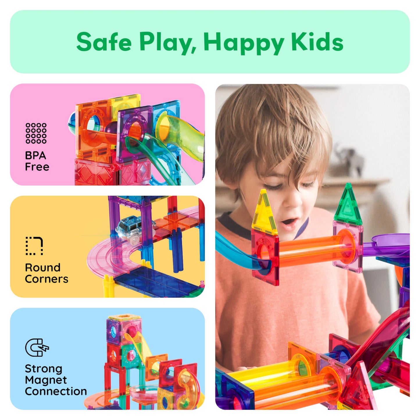 PicassoTiles 108pc Magnetic Marble Run Set with Building Tiles Race Track Car Slides Set STEM Learning Toy 3-in-1 Preschool Construction Kit for Indoor Activity and Development for Kids age 3+ PTG108
