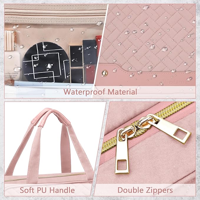 Wedama Toiletry Bag for Women, Hanging Travel Toiletry Bag with Jewelry Organizer Compartment Large Makeup Bag, PVC Waterproof Cosmetic Travel Bag for Travel Business Trips Camping Bathroom, Pink