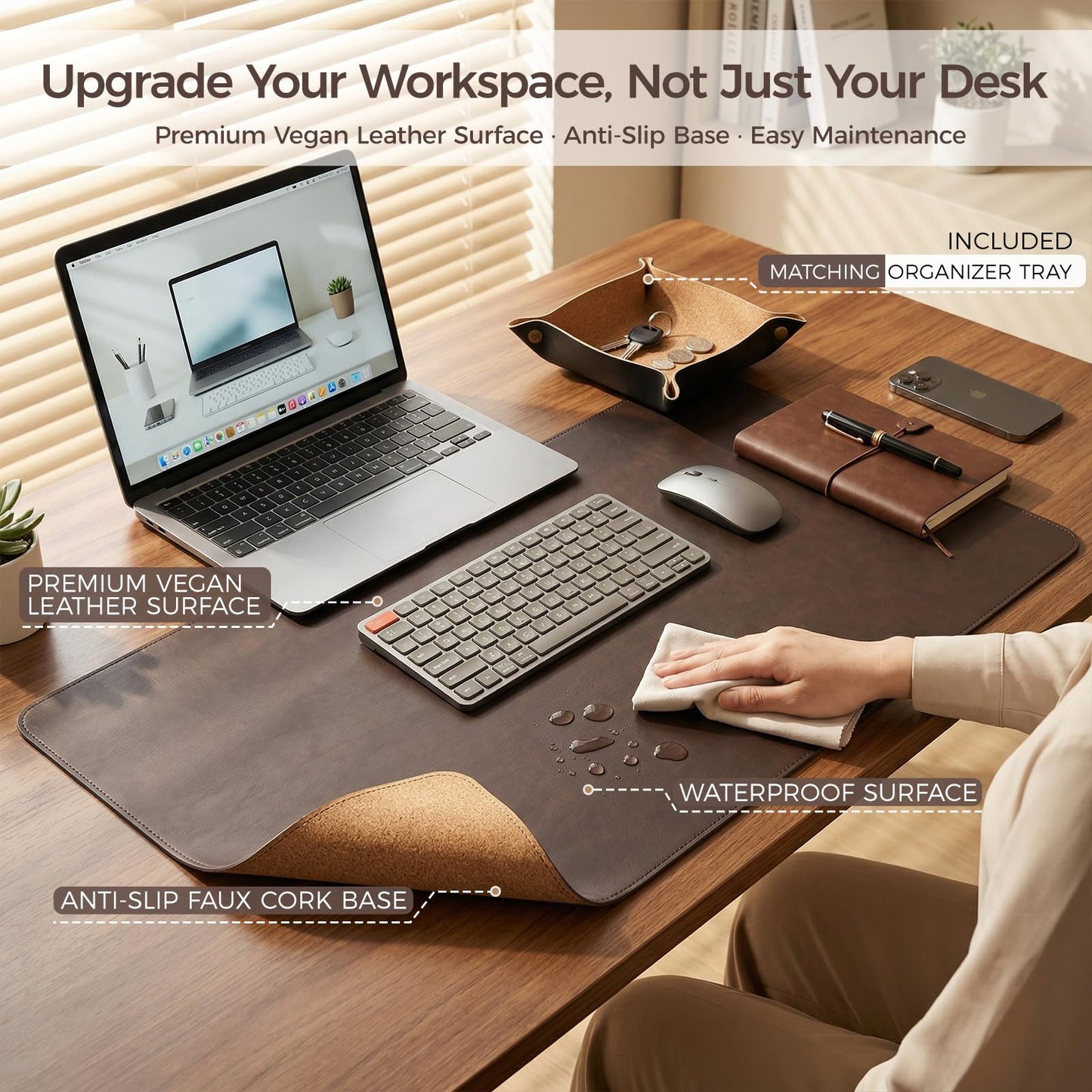 Premium Faux Leather Desk Mat & Tray Set，Innovative Cork-Look Printed Base，Gift Tube Packaging，Full-Desk Coverage，Non-Slip Desk Pad for Office Home（Espresso Brown）