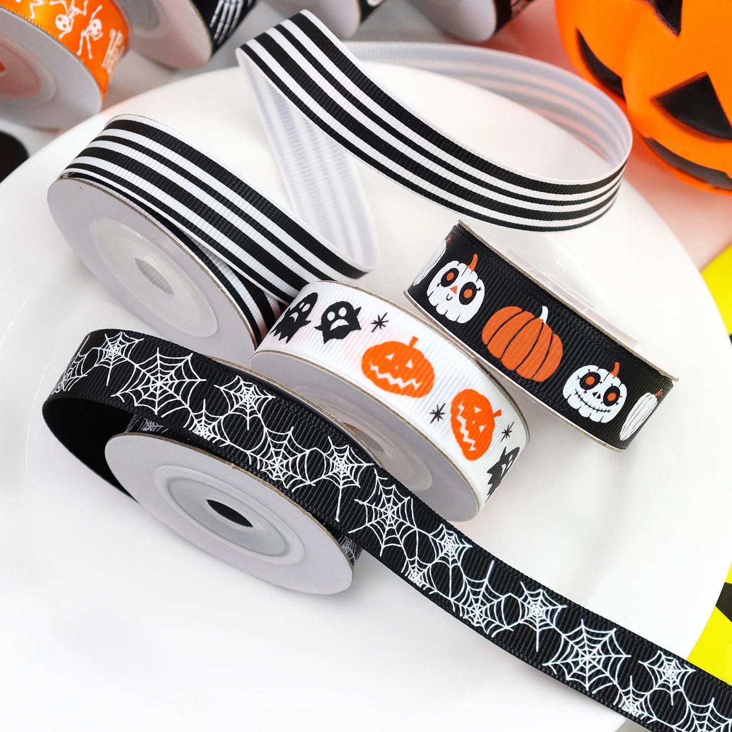 13 Rolls 65 Yards Halloween Ribbon Spider Skull Gnome Pumpkin Ribbons Halloween Printed Ribbon Gift Wrapping Home Wreath DIY Craft Party Decoration
