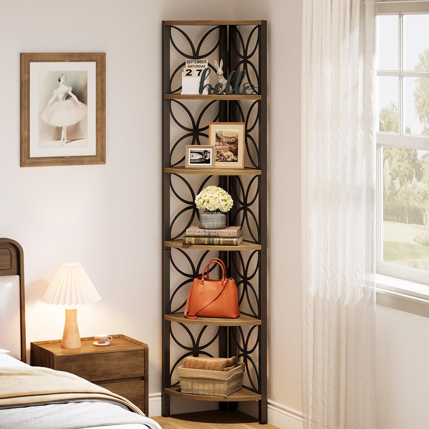 Tribesigns 6-Tier Corner Shelf, 70.9" Rustic Corner Bookshelf Display Shelf for Living Room, Wooden Shelving Unit Plant Stand Storage Rack for Bedroom, Bathroom, Small Space, Rustic Brown