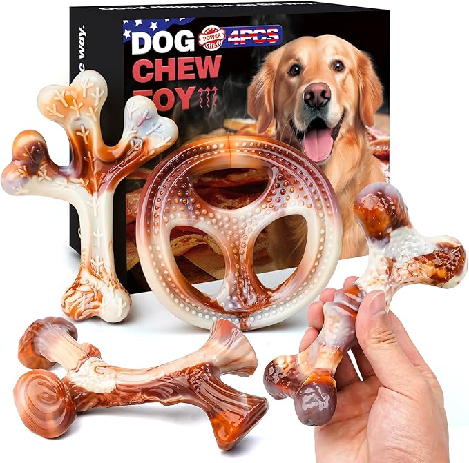 OSORD 4 Pack Dog Chew Toys for Aggressive Chewers - Tough Indestructible Dog Toys with Bacon Flavor- Durable Nylon Bones Toy for Small Medium Large Breed - Puppy Gifts