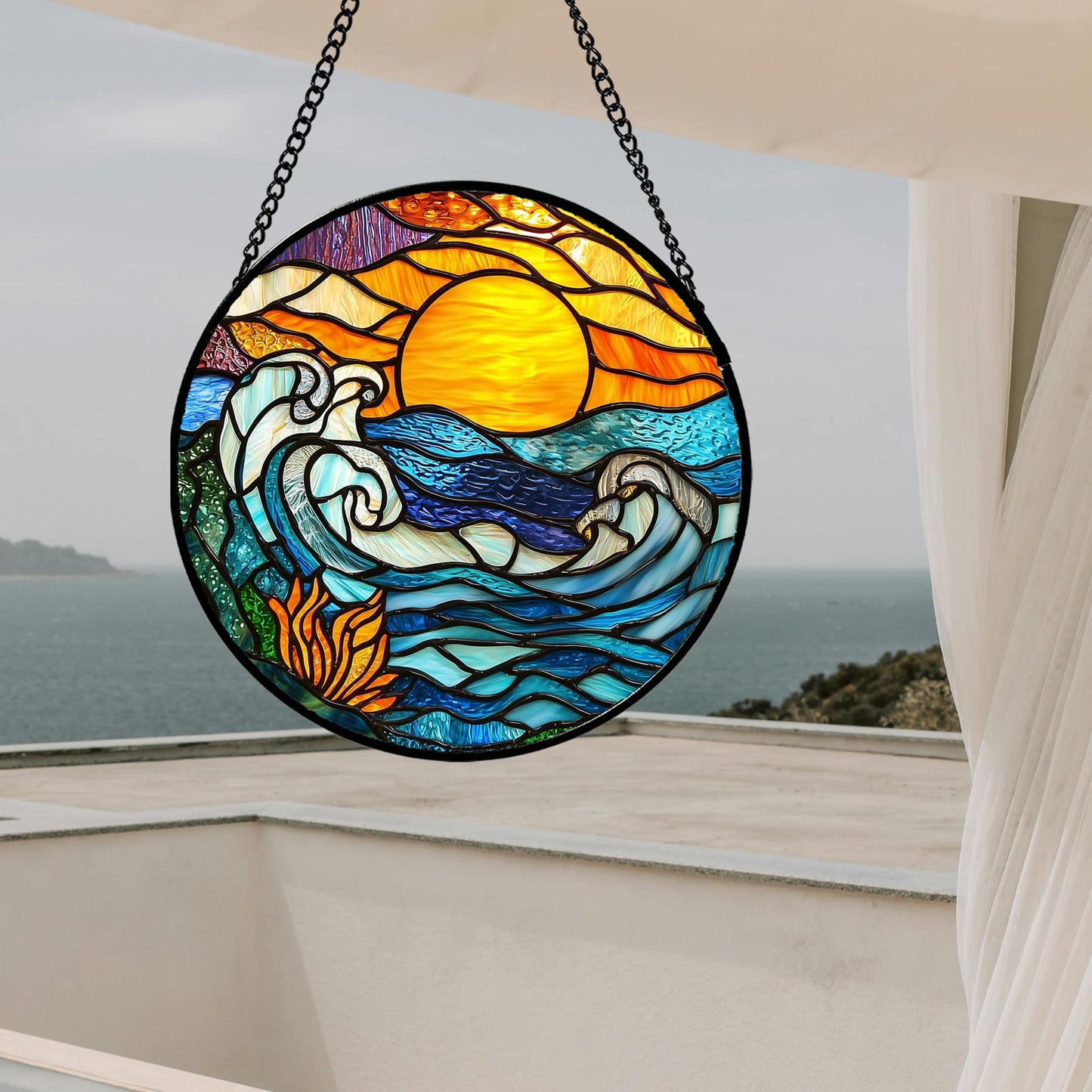 JOSUMALY Stained Glass Window Hanging, Orange Sun Blue Sea Waves Landscape Suncatcher for Doors Window Home Sun Catchers Decor Mother's Day Birthday Gifts for Women, Men Mom 9.8 in