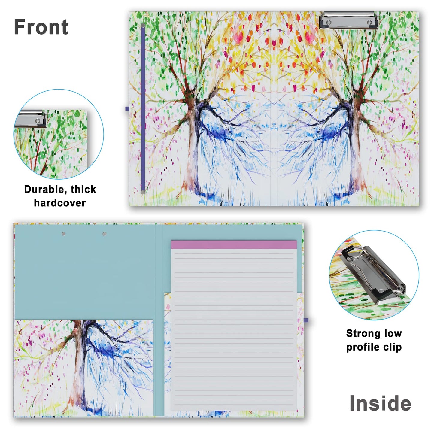 Cute Clipboard Folio with Refillable Lined Notepad and Interior Storage Pocket for Office Stylish A4 Foldable Clipfolio - Tree Seasons