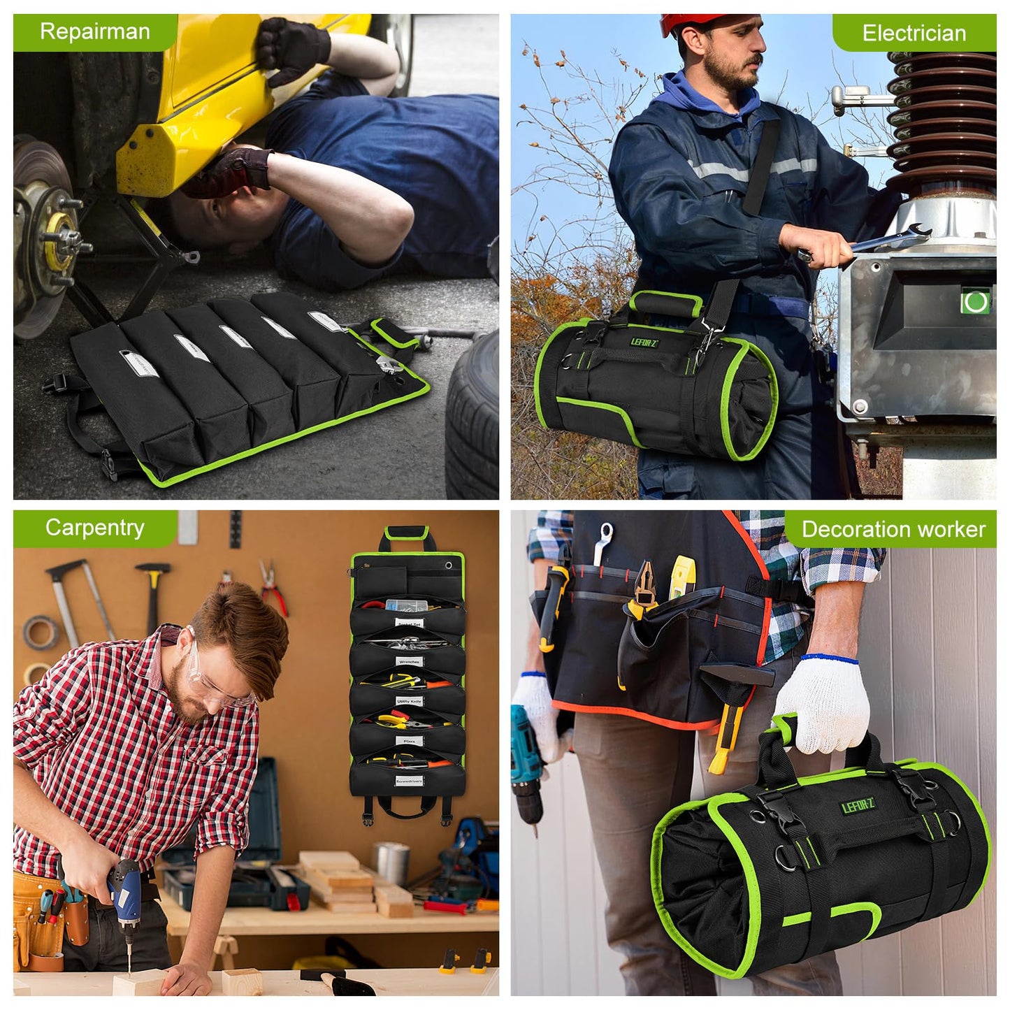 Tool Bag,Large Roll Up Tool Bag Organizer,13 Pockets Tool Roll Storage Pouch,Heavy Duty Portable Tool Storage Carrier Bag for Men,Mechanic,Electrician,Valentines Day Gifts for Men,Black/Green