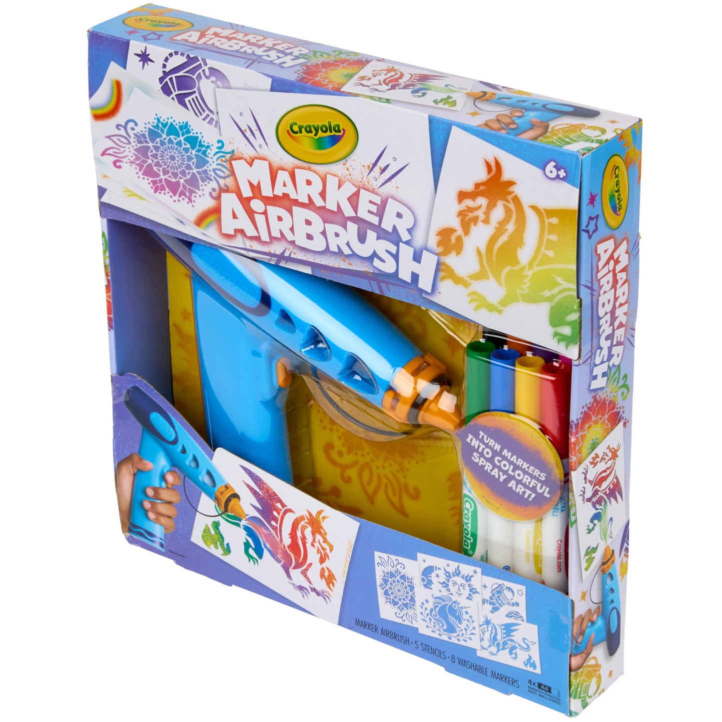 Crayola Marker Airbrush Spray Art Kit, Battery-Powered Sprayer with 8 Washable Markers & 5 Stencils, DIY Craft Set, Ages 6+