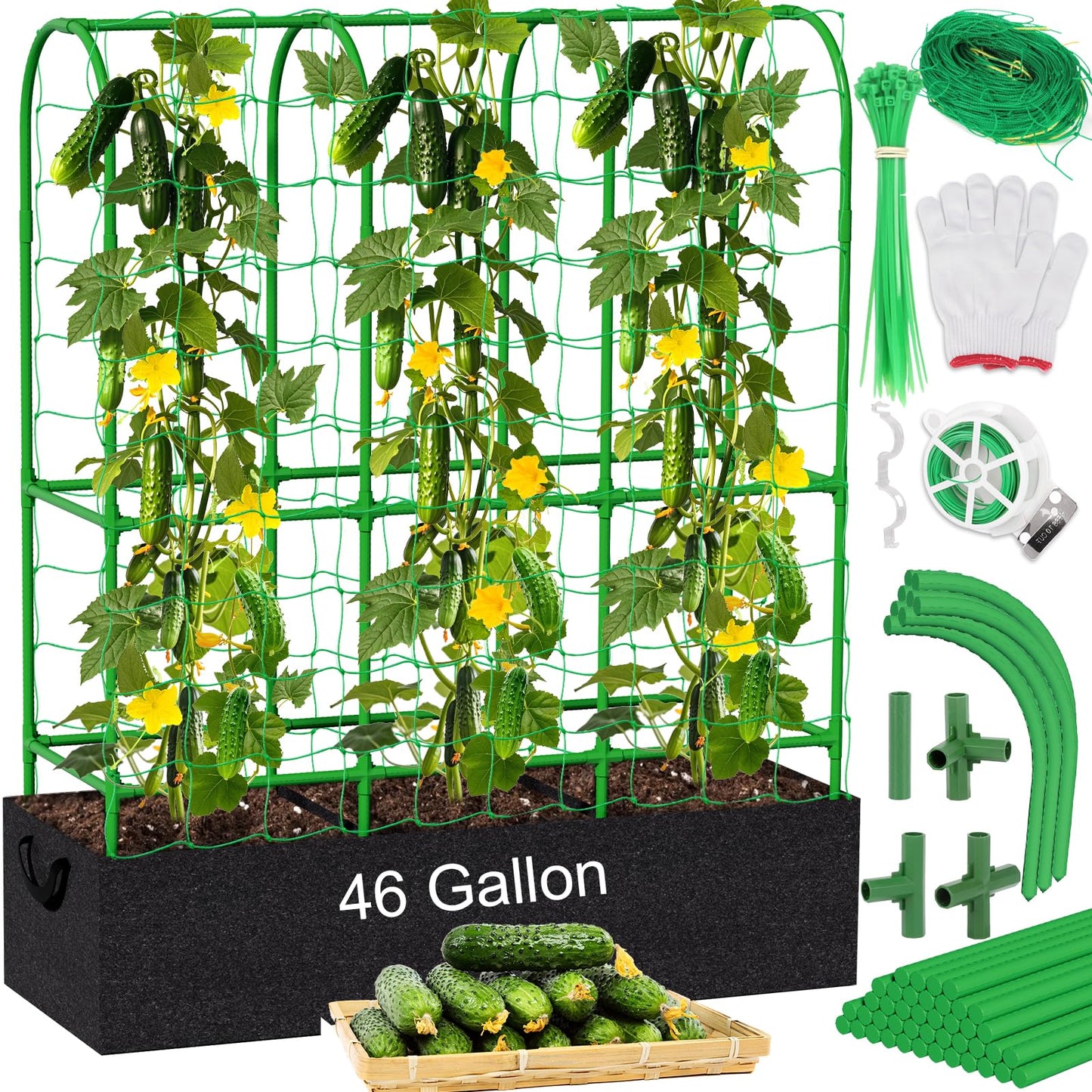 Srapwati 65"H x 50"W Cucumber Trellis with Grow Bag & Netting, U-Frame Metal Plant Support, Heavy-Duty Steel & Plastic, Green & Black, Rectangular, Climbing Plant Support Structure