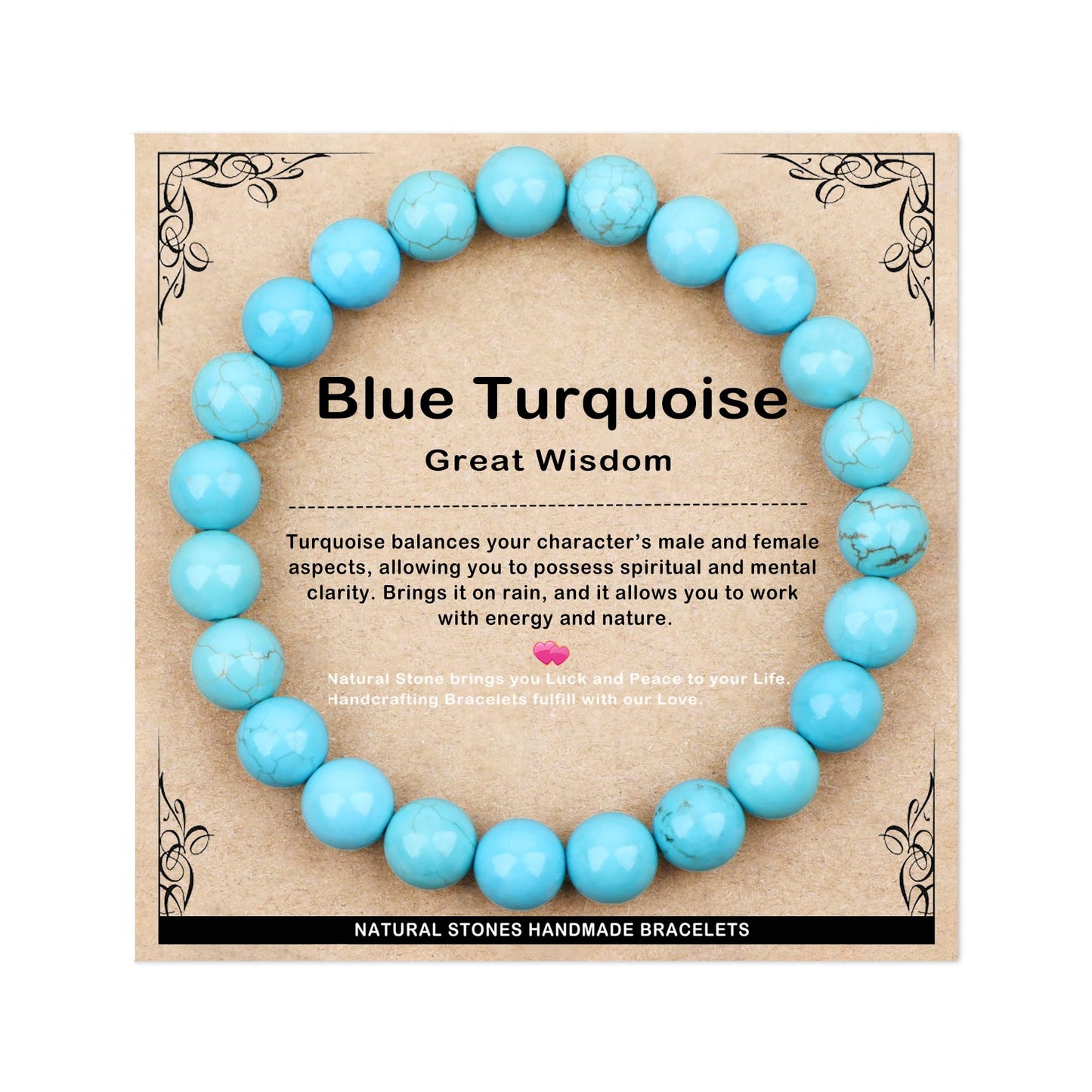 AD Beads 8mm Handmade Blue Turquoise Elastic Bracelet – Natural Gemstone for Great Wisdom – Meditation, Yoga, Healing and Energy Gift for Men Women