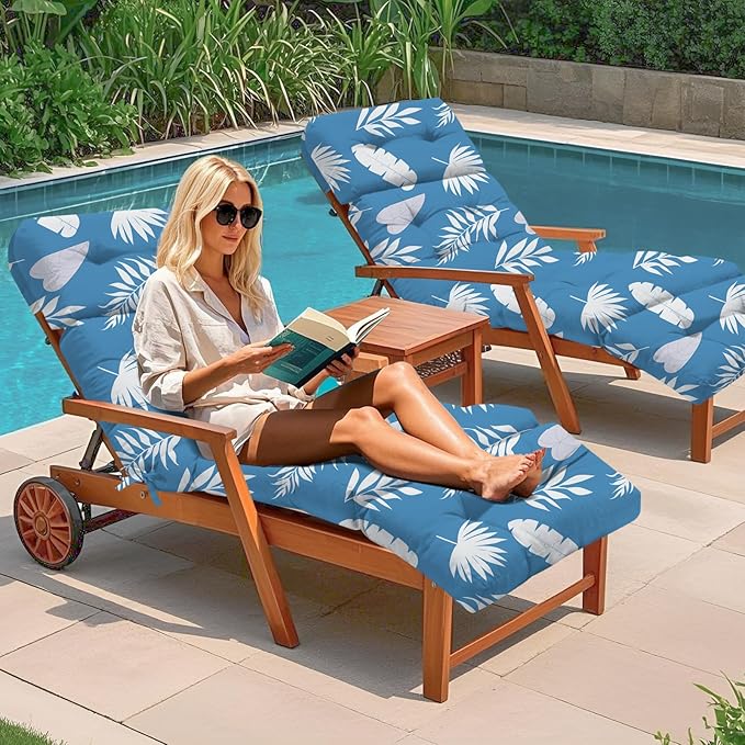 4 Pack Outdoor Chaise Lounge Chair Cushion 75.1 x 22.8 x 4.7 Inches 100% Waterproof Replacement Cotton Patio Pool Lounge Chair Cushion for Outdoor Furniture with Ties, Blue Leaf