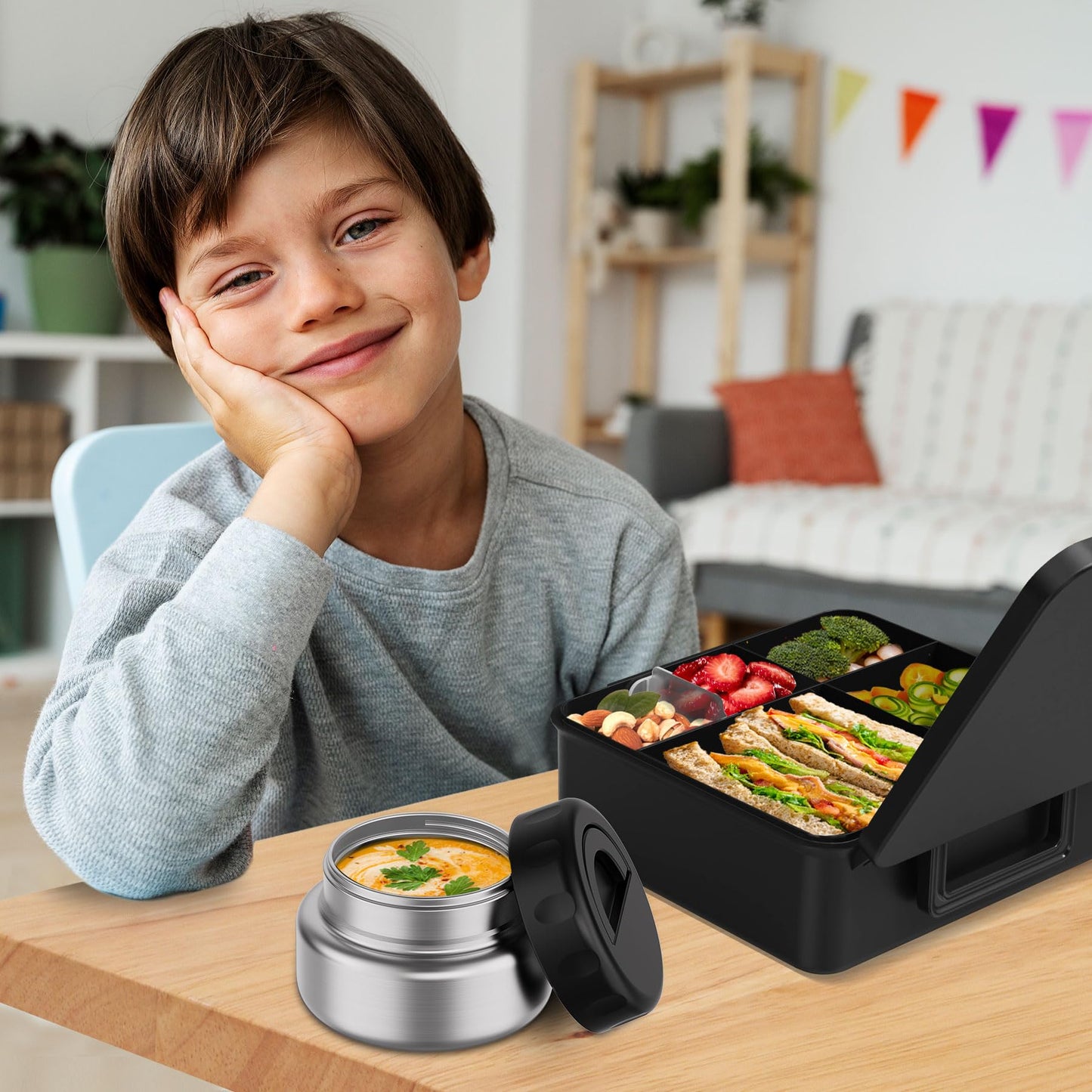FAJSL Bento Box for Kids with Thermo Food Container (9oz), 4-Compartment Lunch Box, Adjustable Divider, Leakproof Bento Lunch Box, Includes Utensils & Carry Bag for School, Office(Black)