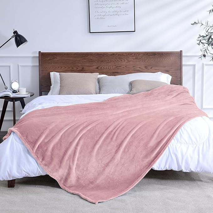 SOCHOW Flannel Fleece Throw Blanket, 340 GSM All Season Super Soft Cozy Blanket for Bed, Sofa or Couch, Dusty Pink, 50x70 inches