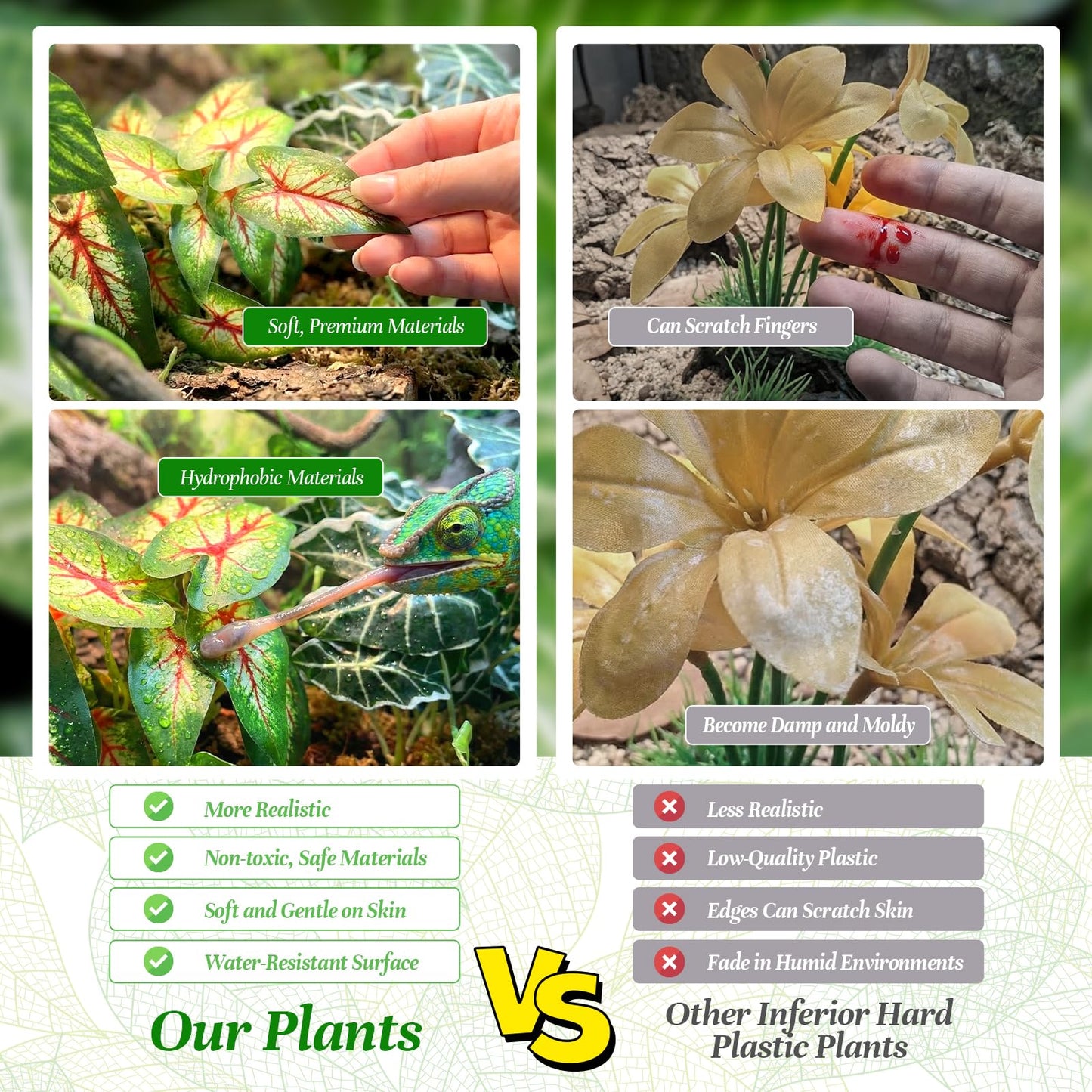 5 Pcs Reptile Plants & Habitat Decor Kit - 3 Artificial Plants & Large 3.3ft Jungle Vine Branch, TTerrarium Hanging Plants Vines for Crested Gecko, Leopard,Bearded Dragon, Lizard,Chameleon,Ball Python