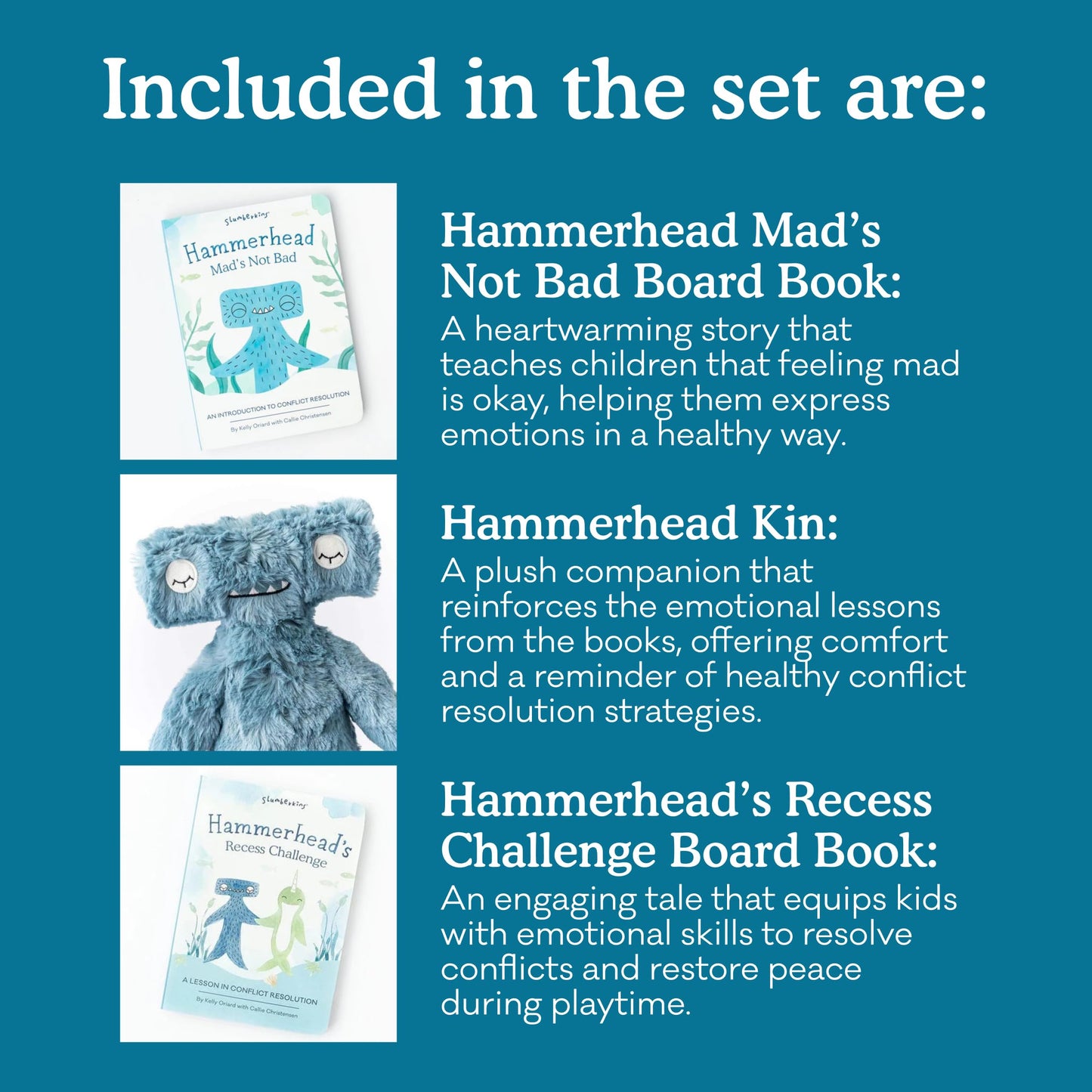 Slumberkins 14" Hammerhead Kin & 2 Board Books Complete Set Bundle | Promotes Conflict Resolution, Social Skills & Responsibility | Social Emotional Development (Hammerhead Kin Plush + 2 Board Books)