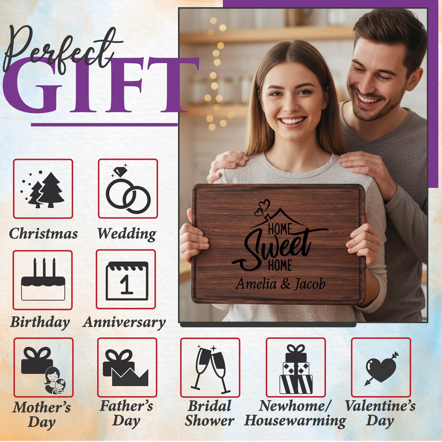 Personalized Cutting Board with Home Sweet Home Design, Custom Engraved Housewarming Gift for Friends, New Home, Realtor Closing Gift for Clients, Kitchen Decor, Neighbors or First-Time Home Buyers