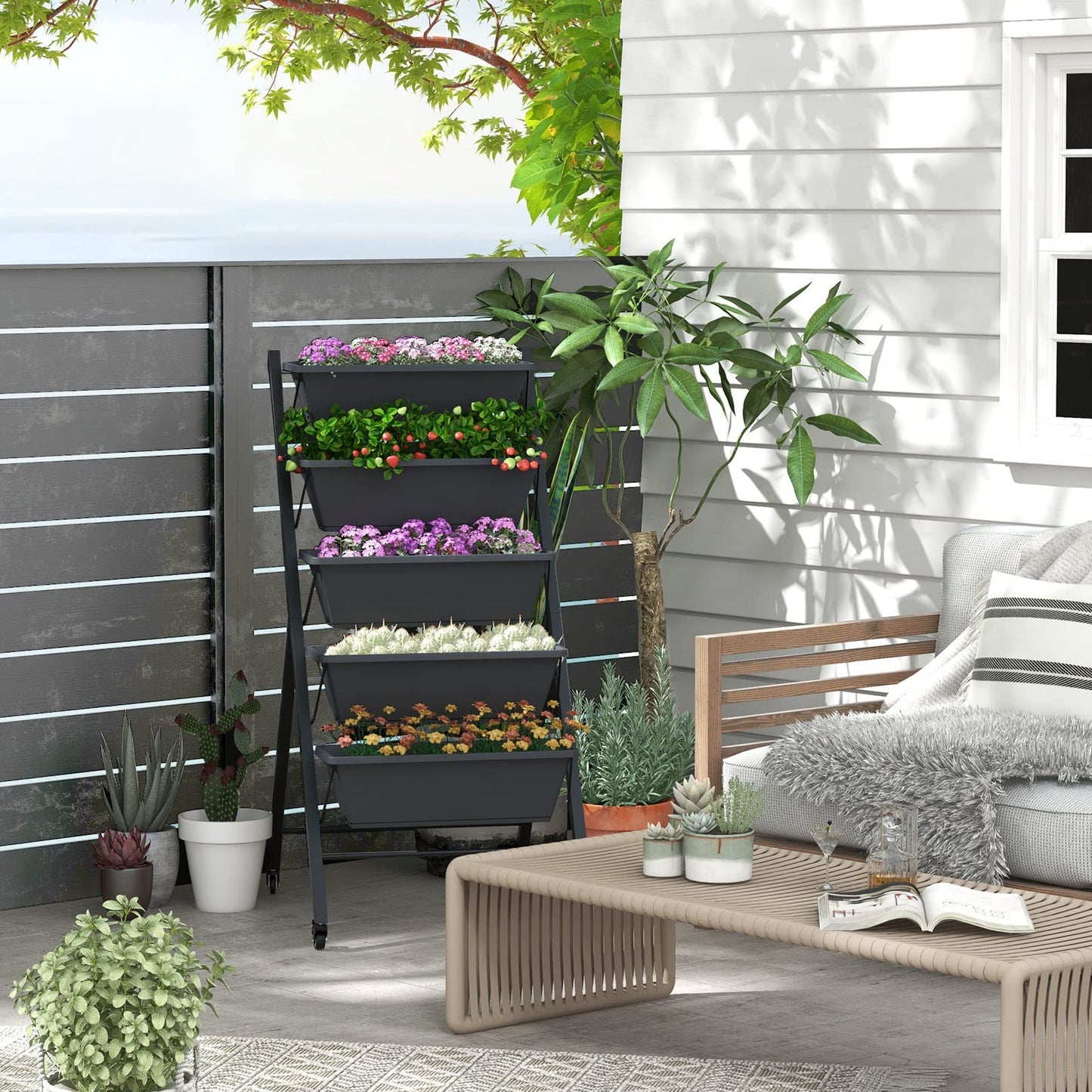 DREAMADE Vertical Garden Bed with Wheels, 5 Tier Raised Garden Bed w/Removable Planter Boxes, Lockable Wheels, Drainage Holes, Rolling Vertical Planter for Herb Vegetable Flower, Outdoor Patio Balcony