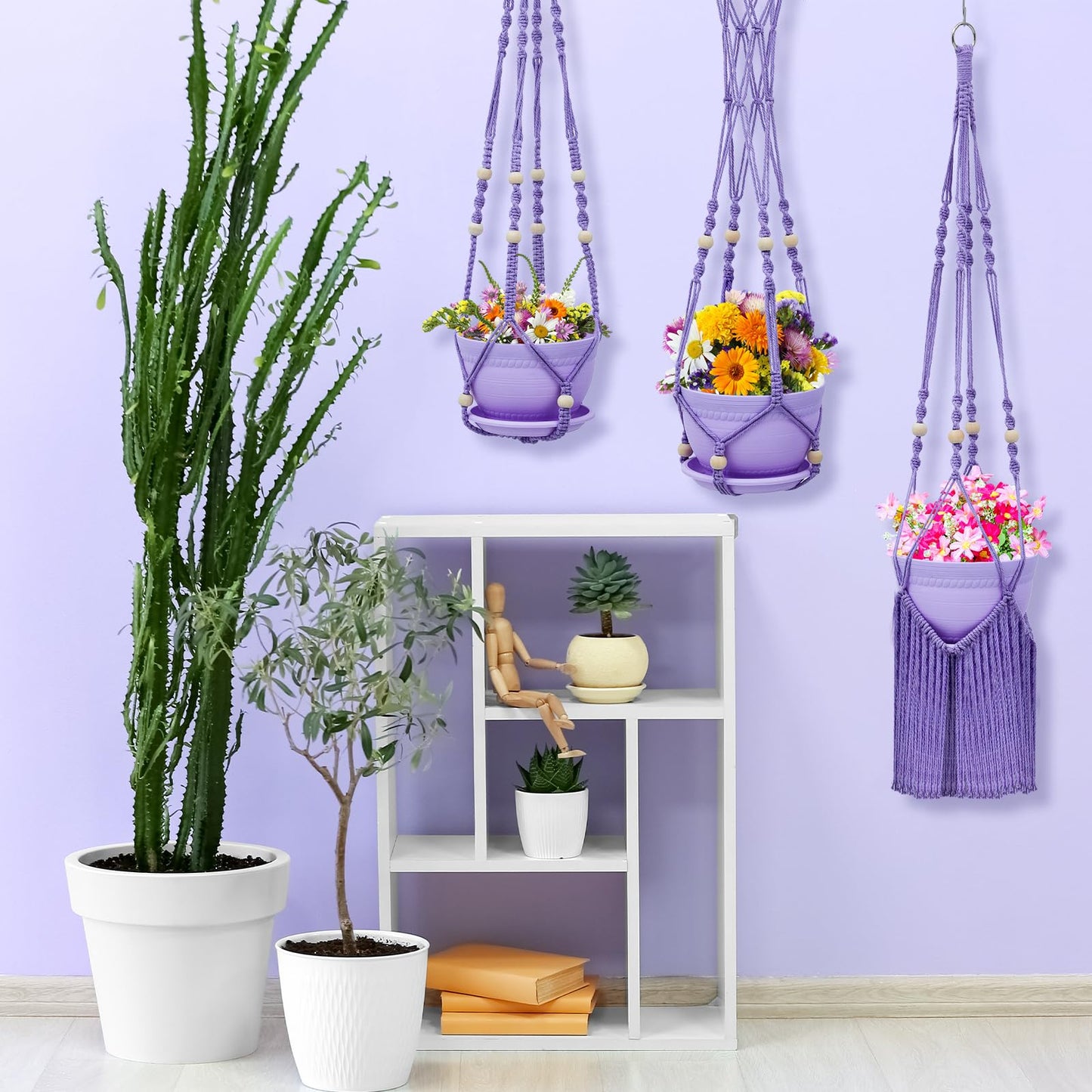 Hushee 3 Pack Crochet Macrame Plant Hanger Hanging Planters for Indoor Plants with Trays and Hooks Hanging Plant Holder Pot with Drainage Hole Boho Plant Hanger for Outdoor Flower Gardening Gift Decor