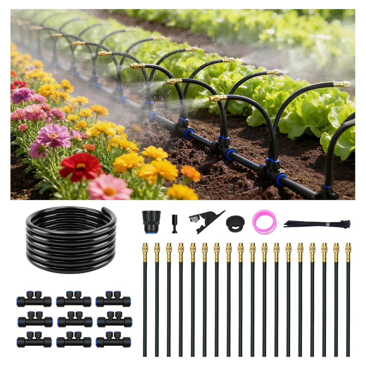 Drip Irrigation System for Garden, Automatic Watering System with Adjustable 360° Copper Spray Nozzles, DIY Drip Irrigation Kit for Yard, Lawn, Greenhouse, Raised Beds & Potted Plants (30FT)