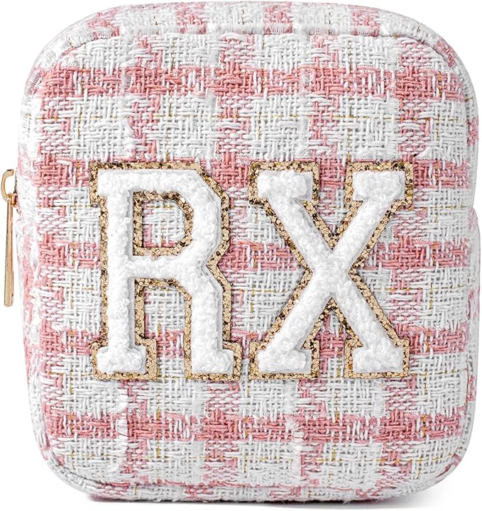 Small Medicine Bag for Travel, Personalized RX Chenille Letters Checkered Pouch for Women and Girls, Cute Meds Drug Makeup Bags with Zipper (02Pink Checkered)